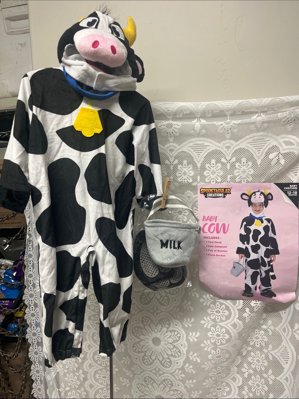 Spooktacular Baby Cow Halloween Costume - with hood, booties and bucket 12-18 mo